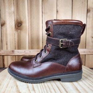 UGG Kesey Waterproof Combat Boots Womens 7 Brown Leather Wool Zip Buckle 1005264